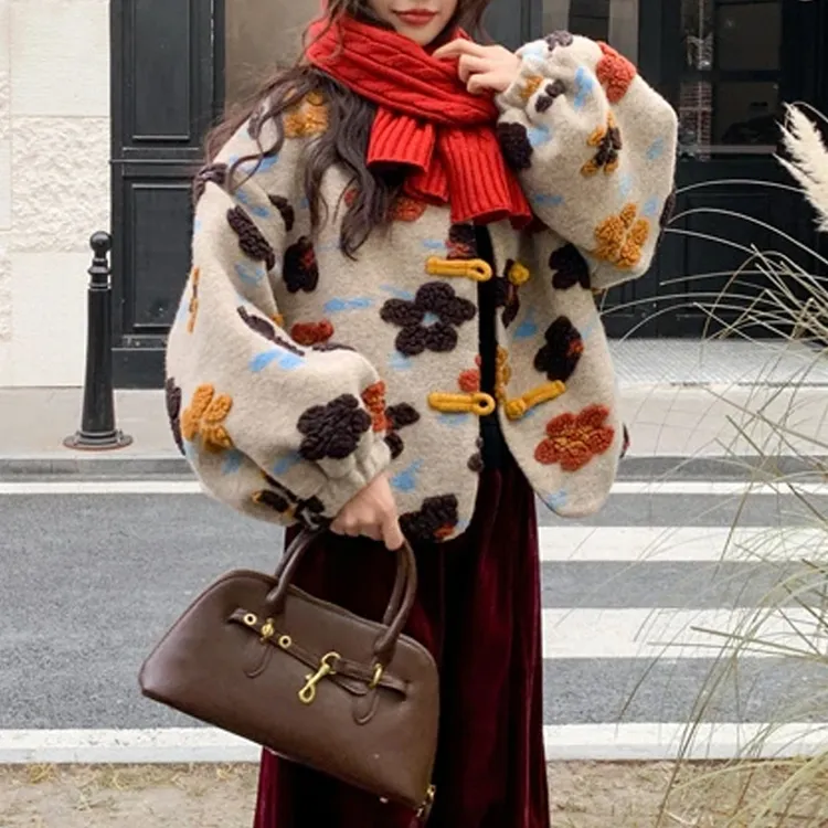 小富婆高级穿搭套装冬秋冬复古花苞袖外套配阔腿裤两件套