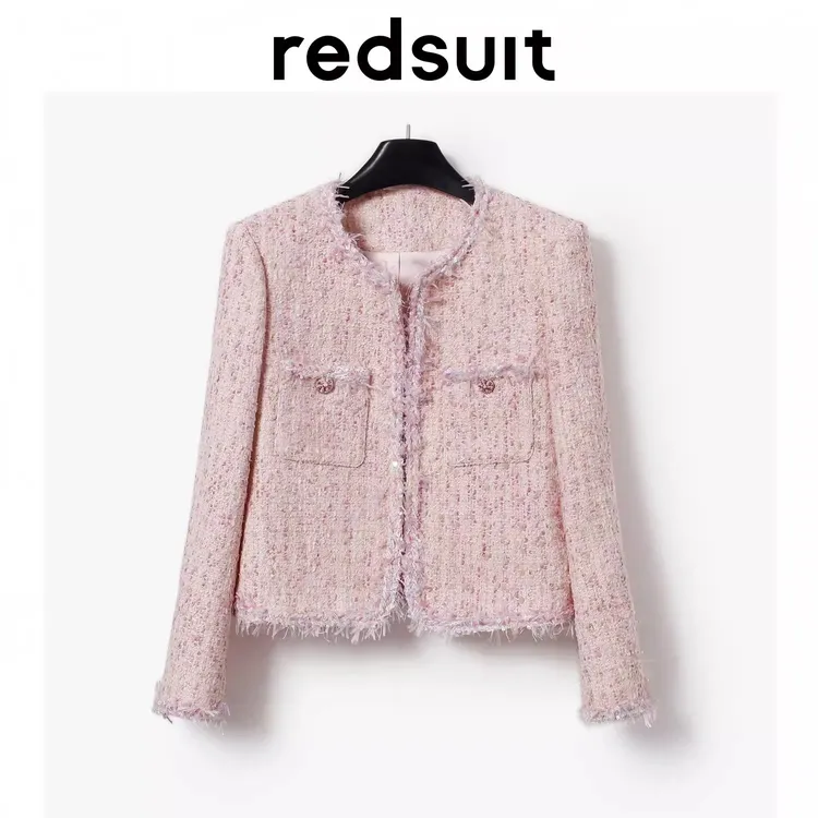 redsuit 韩系千金精致粉色粗花呢小香风外套温柔设计感气质上衣
