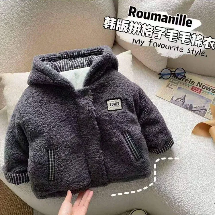 儿童连帽加绒外套2025冬新款男童加厚衣宝宝毛12女童免洗棉服