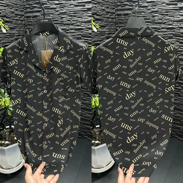 男士夏季薄款透气古巴领字母个性短袖花衬衫/8666