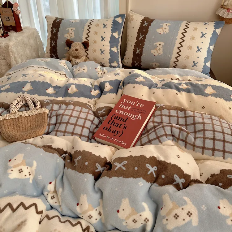 卡通ins风印花冬季牛奶绒四件套加厚加绒学生宿舍三件套单人