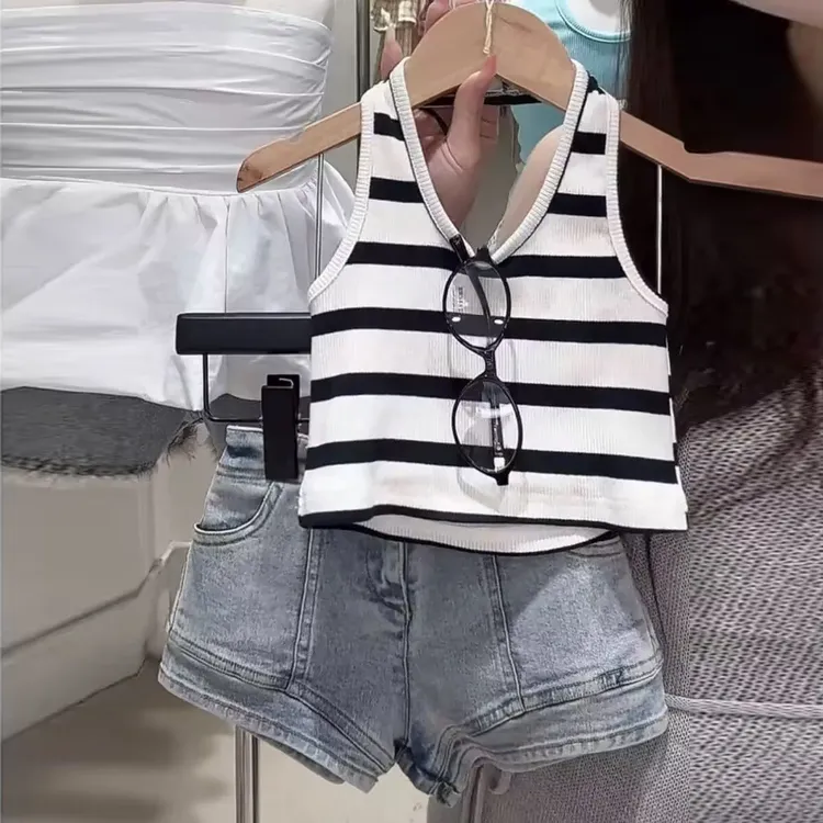 【亲子款】女童夏季新款套装洋气条纹背心牛仔短裤女宝宝休闲两件套