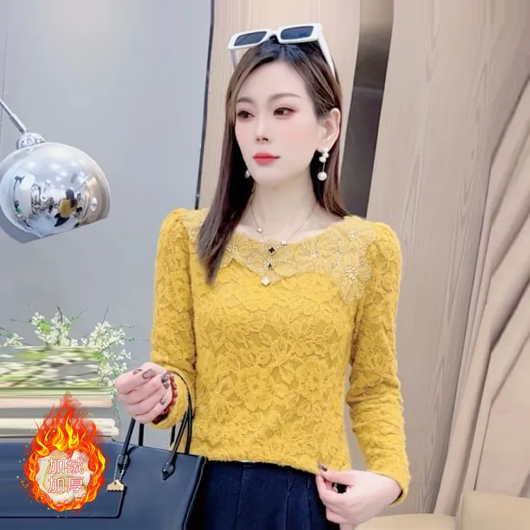 时尚气质蕾丝打底衫女2025冬季新款洋气加绒修身显瘦百搭休闲上衣