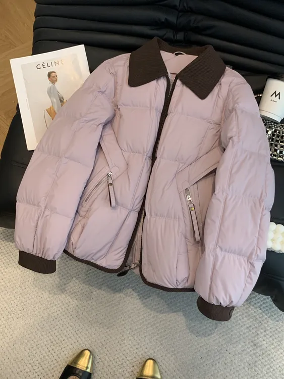 韩系气质拼接撞色翻领棉服女装2025冬装短款宽松加厚保暖外套潮流