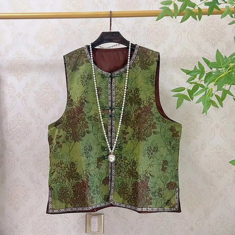 YY新中式国风大码女装绿色马夹200斤加肥加大唐装坎肩1198