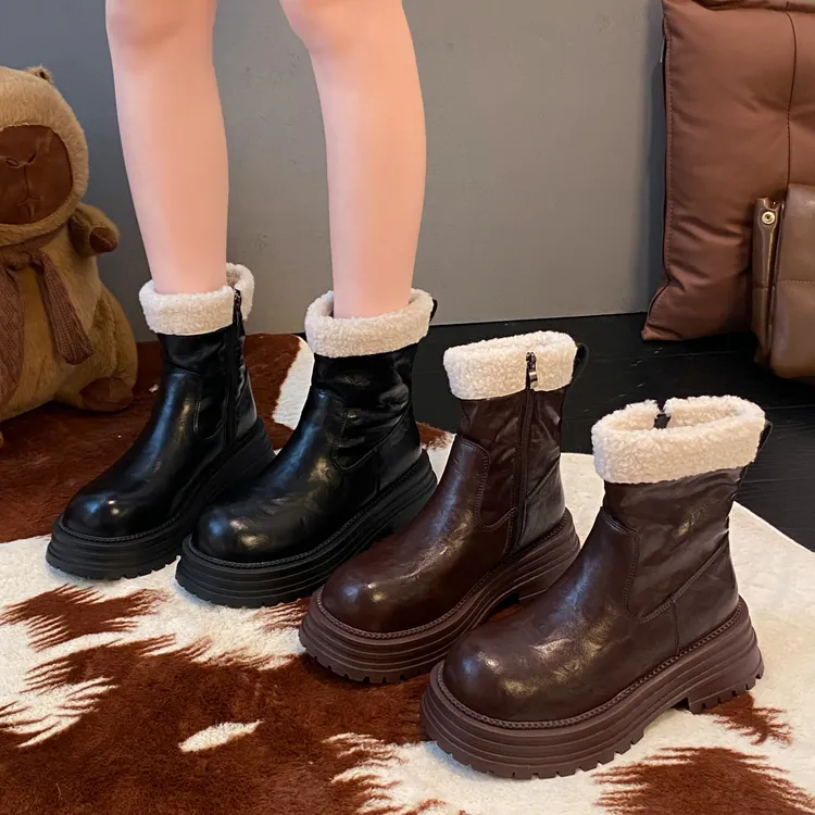 贾不假加绒保暖棉鞋女款2025新款冬季厚底增高复古显瘦雪地靴爆款