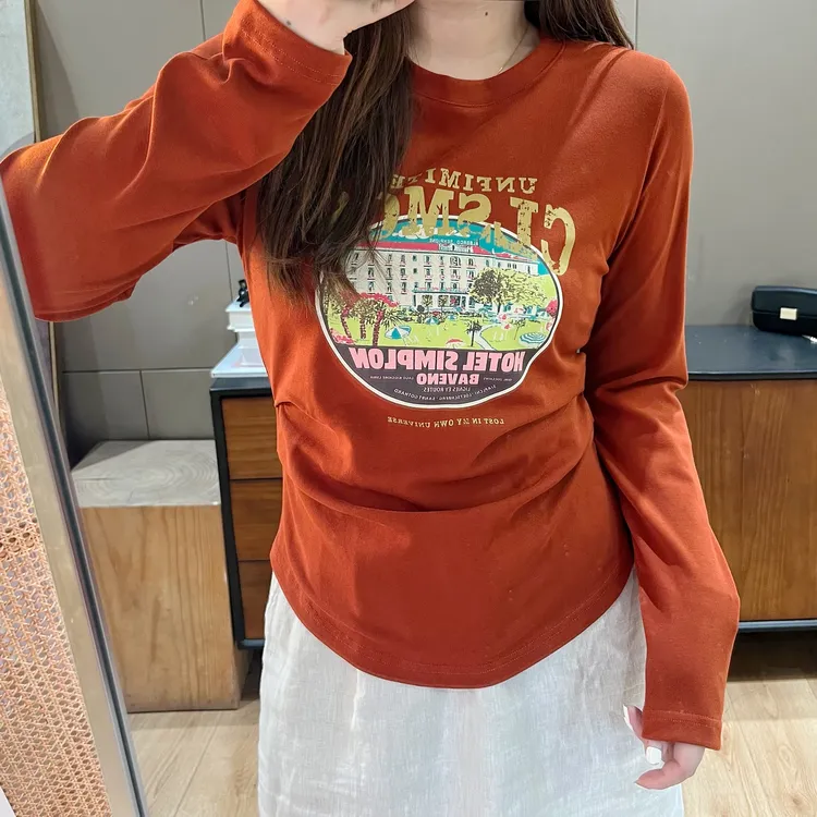 微胖女装春季新款收腰显瘦印花T恤休闲韩版圆领长袖打底衫D1409