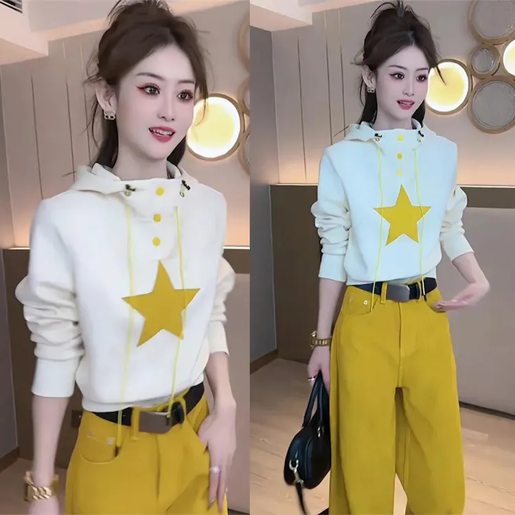 秋冬季盐系减龄宽松印花设计感连帽卫衣高腰直筒阔腿裤百搭一整套