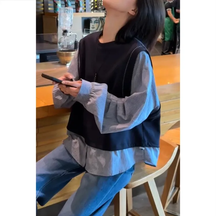 艾塔莉秋季新款女韩版条纹假两件衬衫上衣圆领百搭时尚拼接慵懒风