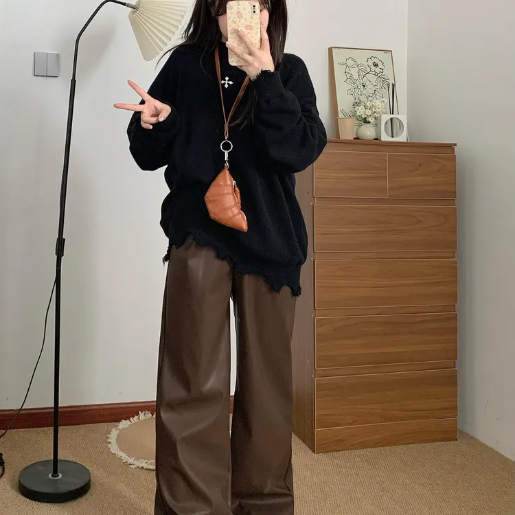 加加树 皮裤秋冬2024新款高腰垂感休闲直筒宽松显瘦PU皮阔腿裤