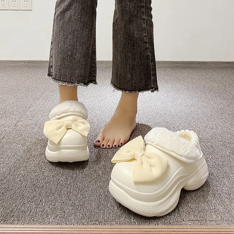 少女心蝴蝶结棉鞋女冬季新款毛绒保暖厚底外穿防滑室内包跟棉拖鞋