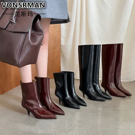 VONSRMAN时尚百搭细跟尖头短筒靴女2025秋冬柔软舒适气质瘦瘦靴