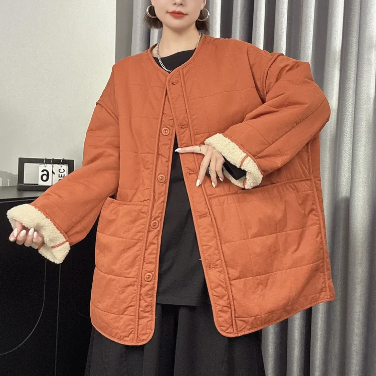 婉倾（圆领加厚颗粒绒）复古休闲大码外套棉服
