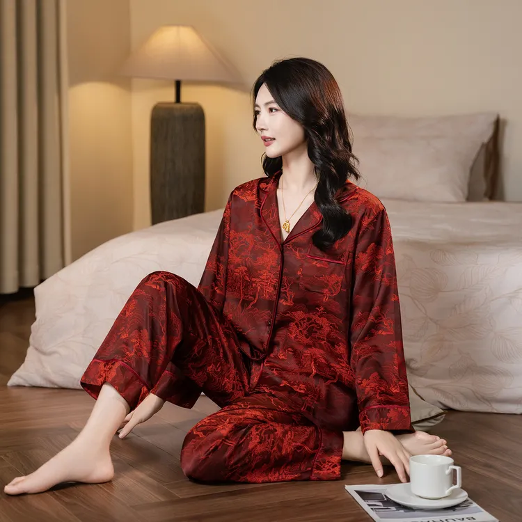 达芬奇密码2025千里江山阳离子睡衣长袖宽松女士家居服套装