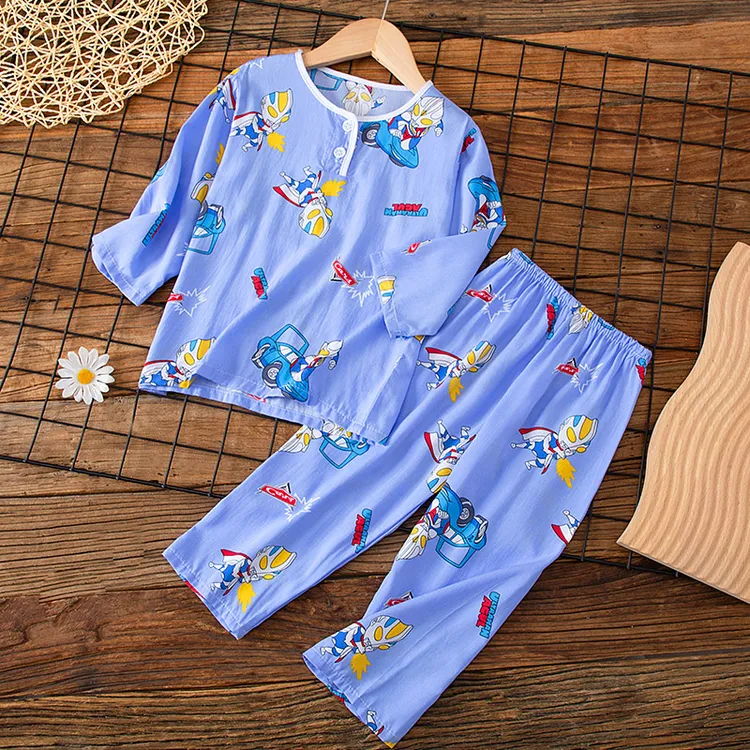 儿童睡衣夏季薄款男童小孩宝宝女童棉绸长袖男孩居家服套装