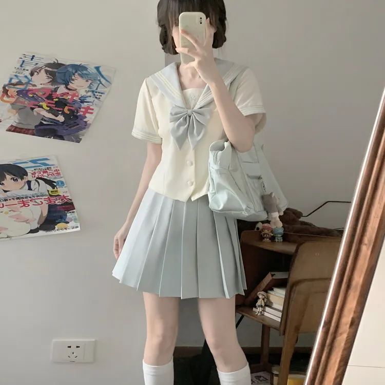 秋野眠【蓝风铃】日系学院风秋季校供水手服百褶裙收腰jk制服套装