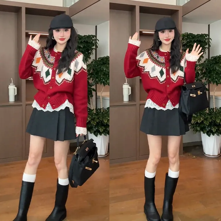 流行一整套女2026早春新款小众洋气百搭减龄毛衣打底衫短裙三件套