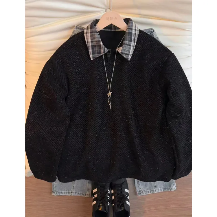 雪尼尔拼接格子polo领卫衣男秋冬cleanfit加绒长袖T恤小香风上衣