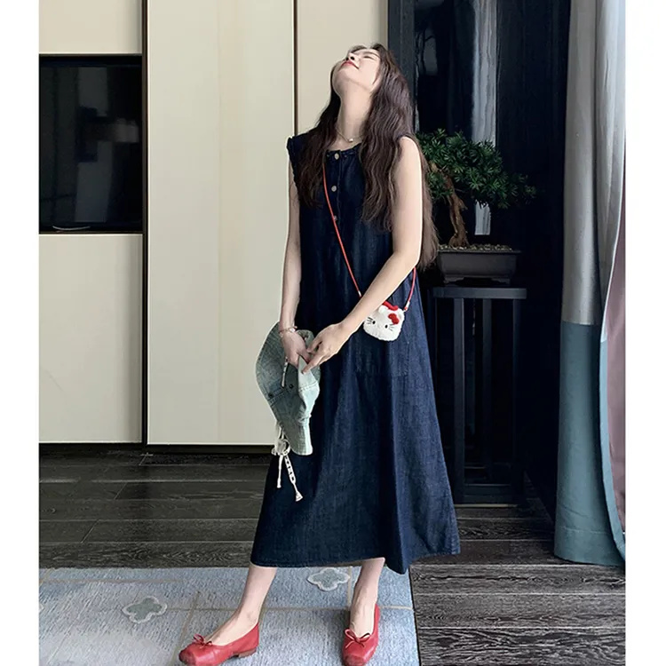 深色复古韩版薄款无袖牛仔长裙女夏季2025新款休闲显瘦气质连衣裙