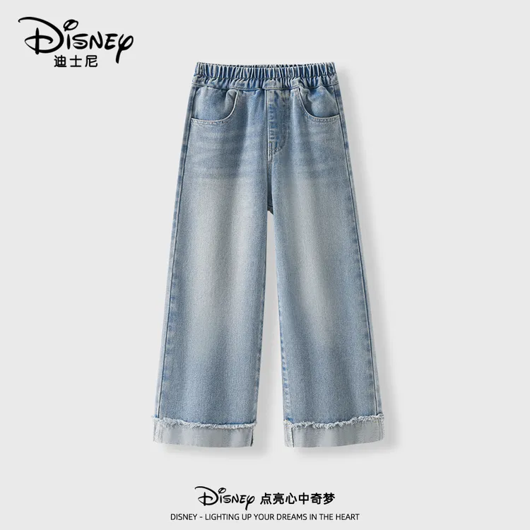迪士尼女童微喇牛仔裤春秋款2025新款宽松阔腿直筒裤子儿童春装女