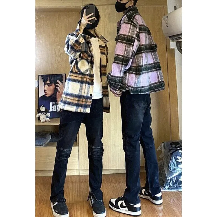 情侣拉链复古裤脚高街美式假开叉ins破洞男长裤潮牌牛仔裤百搭