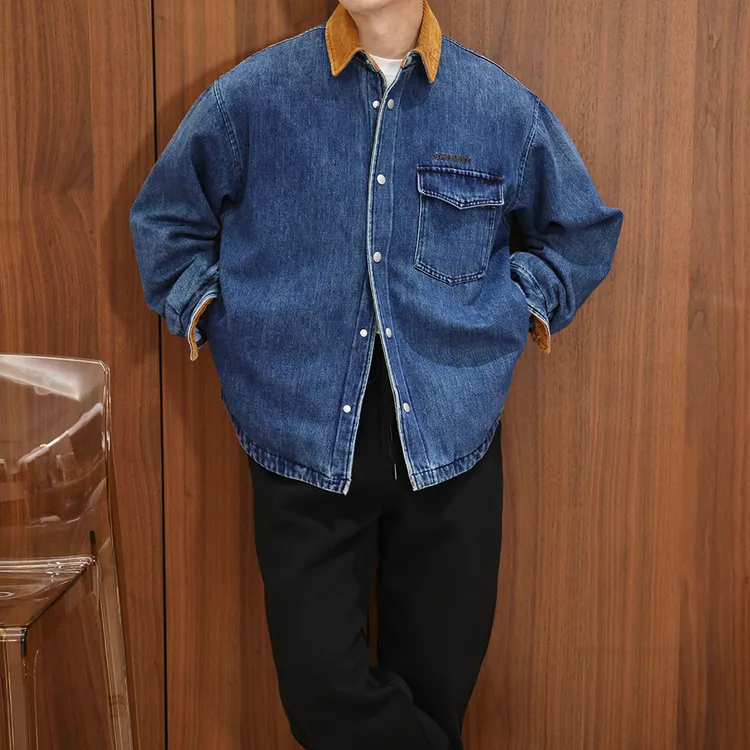 Extfine冬季复古撞色灯芯绒领拼接加厚牛仔棉服夹克外套男宽松