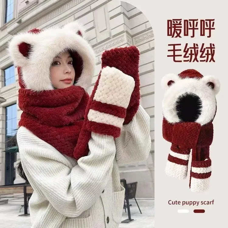 可爱小熊耳朵帽子围巾手套一防寒保暖女秋冬加厚毛绒护耳骑车帽