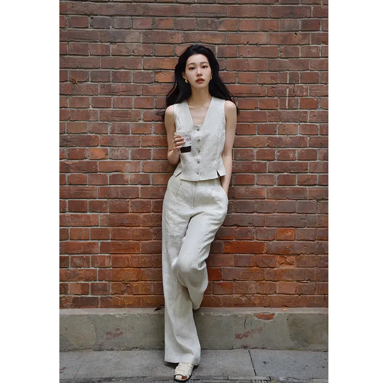 夏季气质亚麻马甲时尚套装女法式阔腿裤无袖背心设计感气质两件套