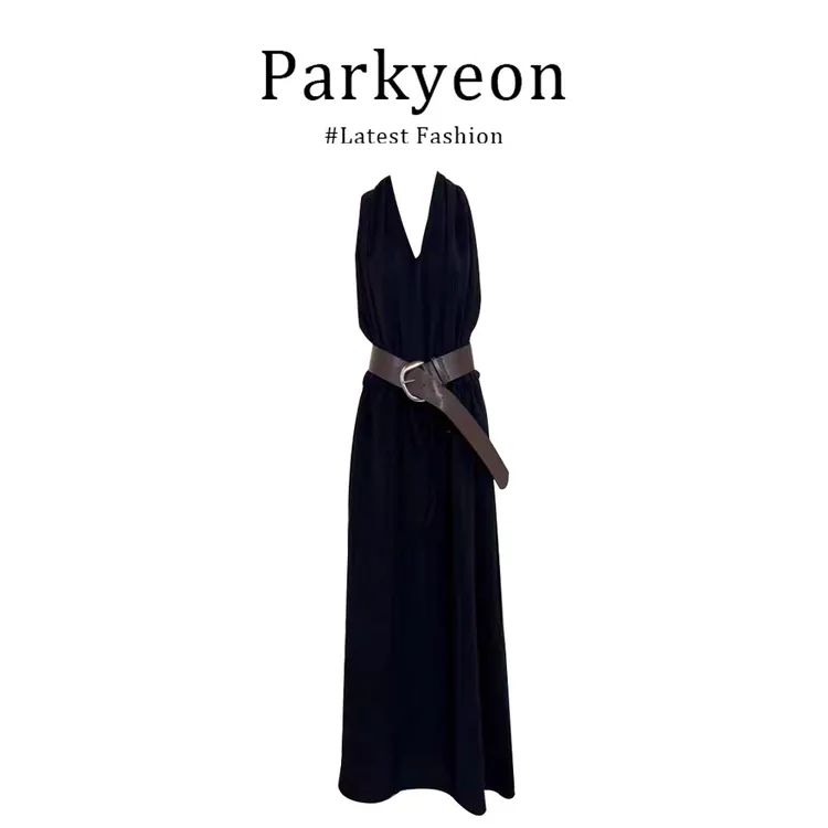 parkyeon辣妹黑色V领挂脖连衣裙女夏季气质收腰显瘦无袖A字长裙子