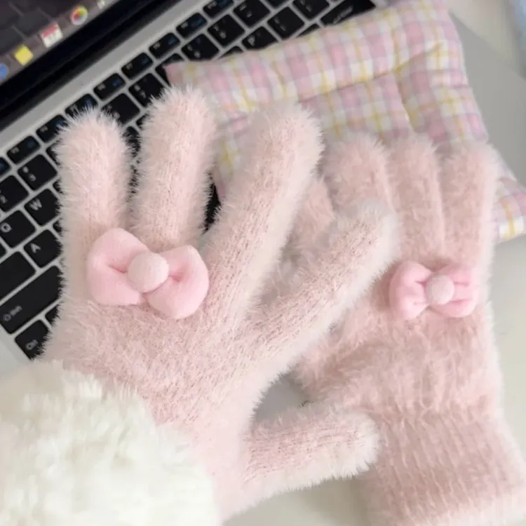 新款公主蝴蝶结手套冬季甜美少女五指可爱加厚保暖毛绒学生骑车Y