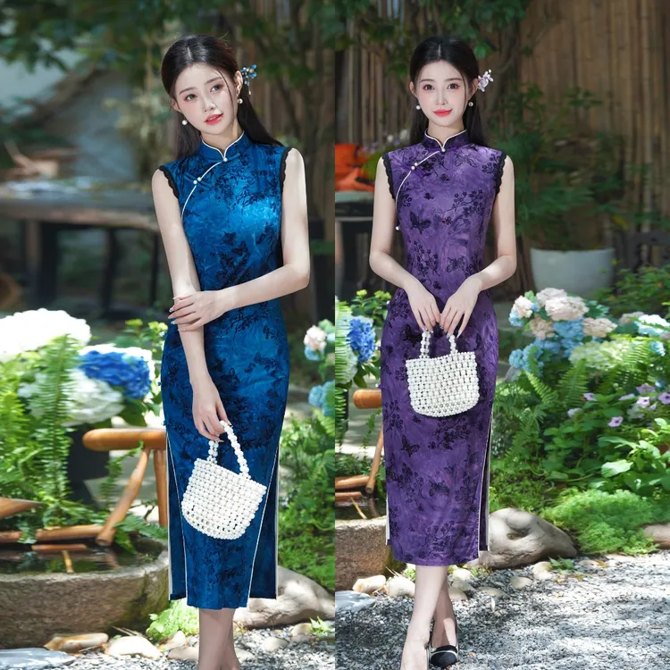【蓝黛】2025春夏年轻少女款蕾丝边无袖日常新中式旗袍优雅修身显瘦