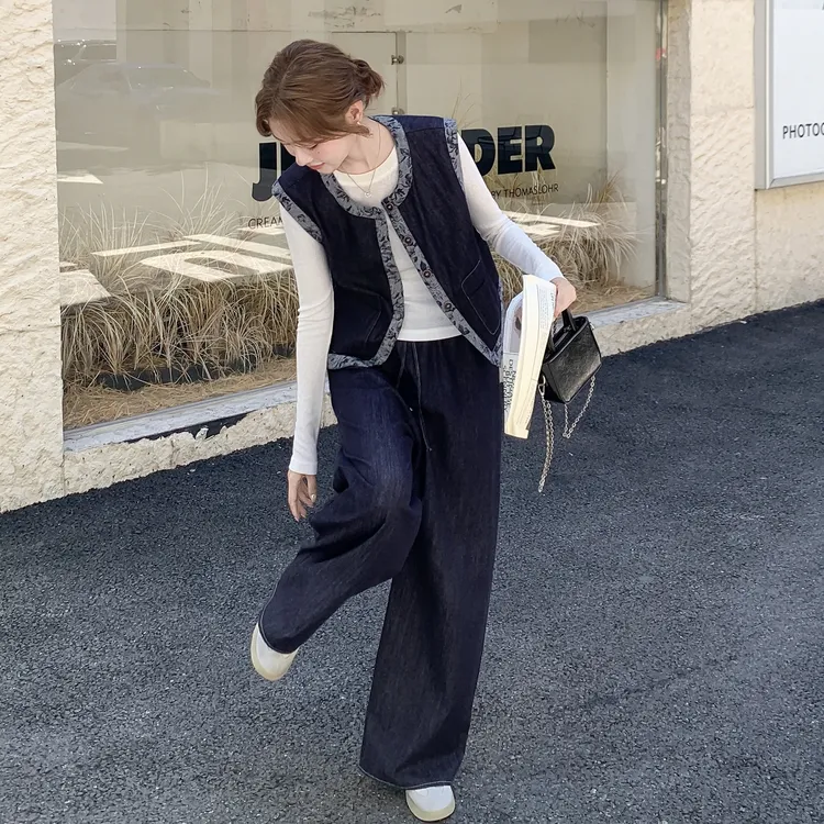 复古牛仔印花边马甲阔腿裤套装女2025年秋季新款松弛感减龄三件套