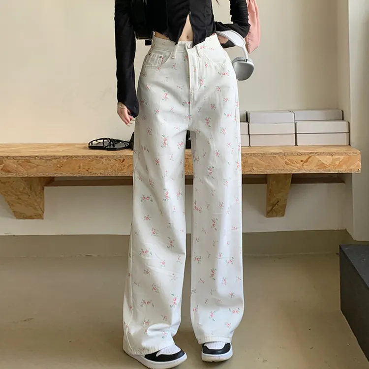 女童白色碎花牛仔裤春秋款2025新款儿童直筒裤秋装初中生大童裤子