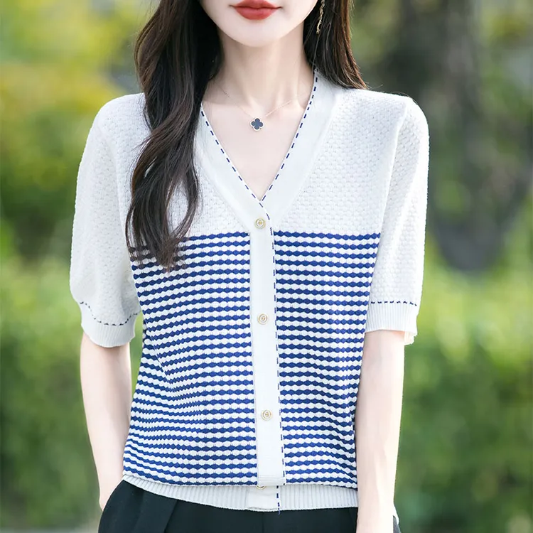 哥弟阿玛施正品夏季新款短袖针织衫V领女士拼色宽松套头百搭上衣