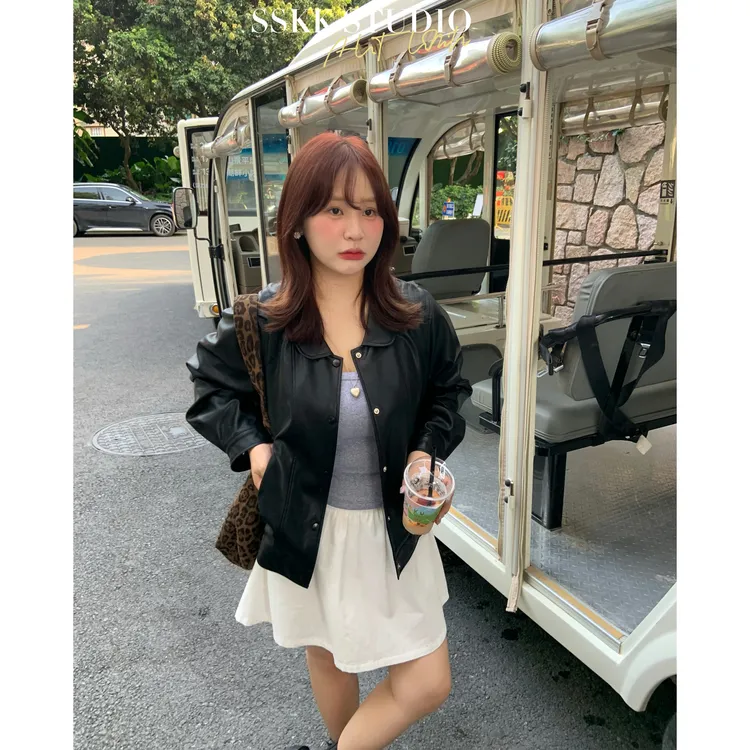 KMZY/KMZY山_山【韩女心动】微胖早秋新款韩系高级感翻领皮衣外套女