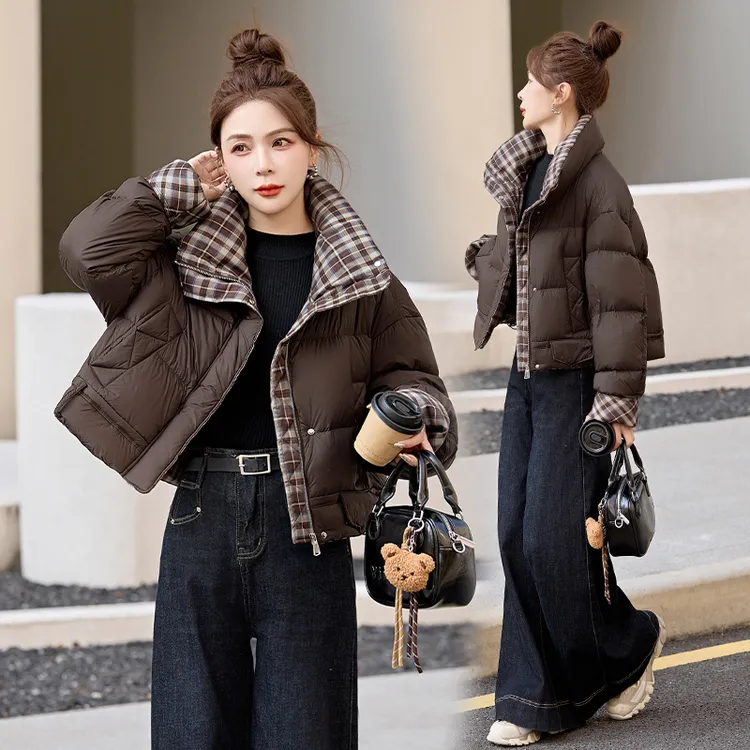 格纹撞色拼接立领羽绒服女2025冬季新款洋气减龄90白鸭绒加厚外套