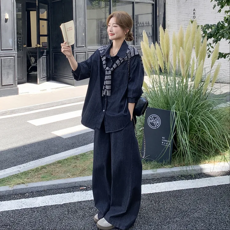 洋气时髦范减龄牛仔套装女披肩装饰上衣2025秋季新款阔腿裤三件套