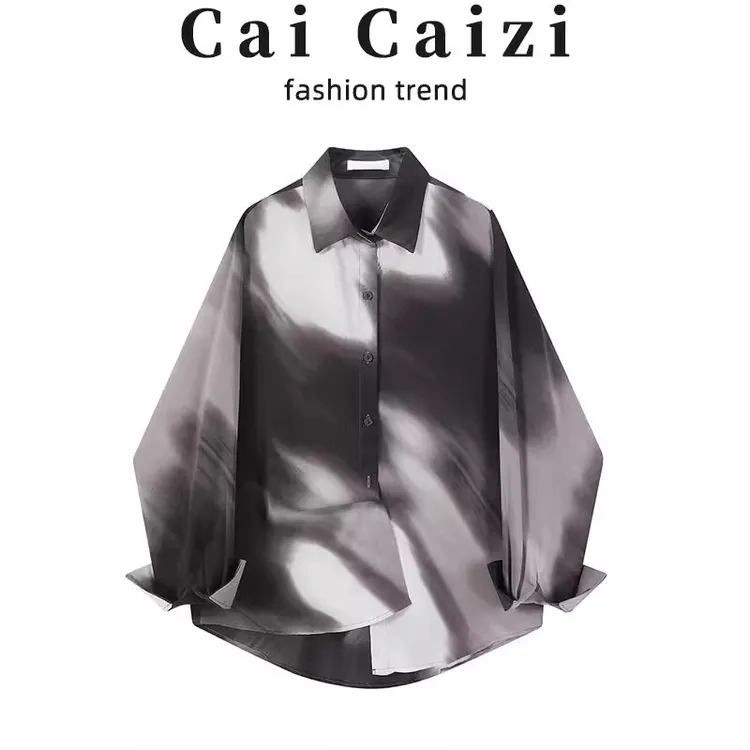 复古港风黑色扎染衬衫女春季2025新款高级感衬衣宽松显瘦长袖上衣