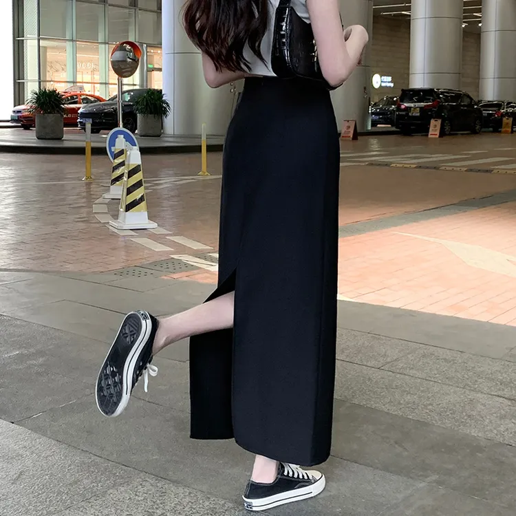 直筒半身裙女黑色高腰包臀裙后开叉2025新款复古半裙中长款一步裙