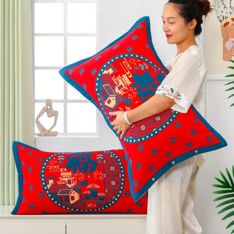 纯棉纱布大红色枕套一对加厚枕头套成人枕芯内胆套透气吸汗