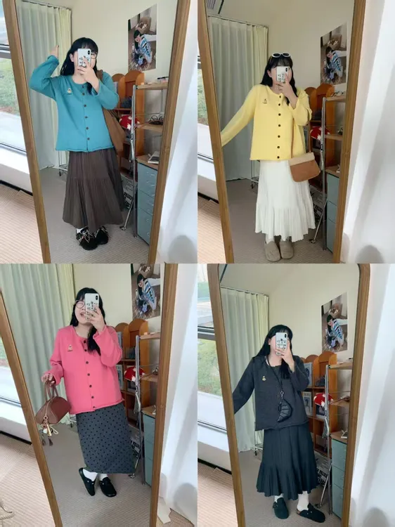 【鱼白专属】大码韩系白搭小熊刺绣圆领针织长袖开衫女宽松上衣8068