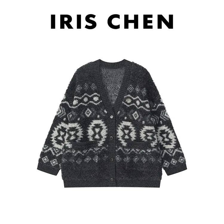 IRIS CHEN 塞纳岛 2025秋冬“100绵羊毛1010g”民族针织开衫25WT988