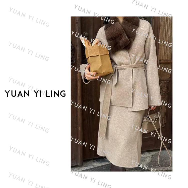 袁艺灵【国王礼物】秋冬高支羊绒澳毛水貂领气质优雅腰带长袖外套