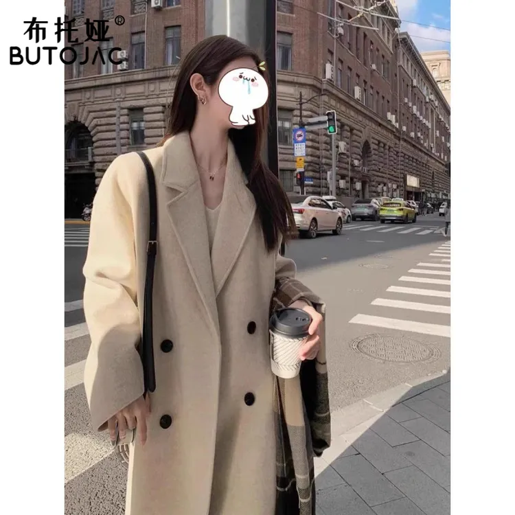 米白色双面羊绒大衣女2025冬季小个子中长款慵懒风高级毛呢外套潮