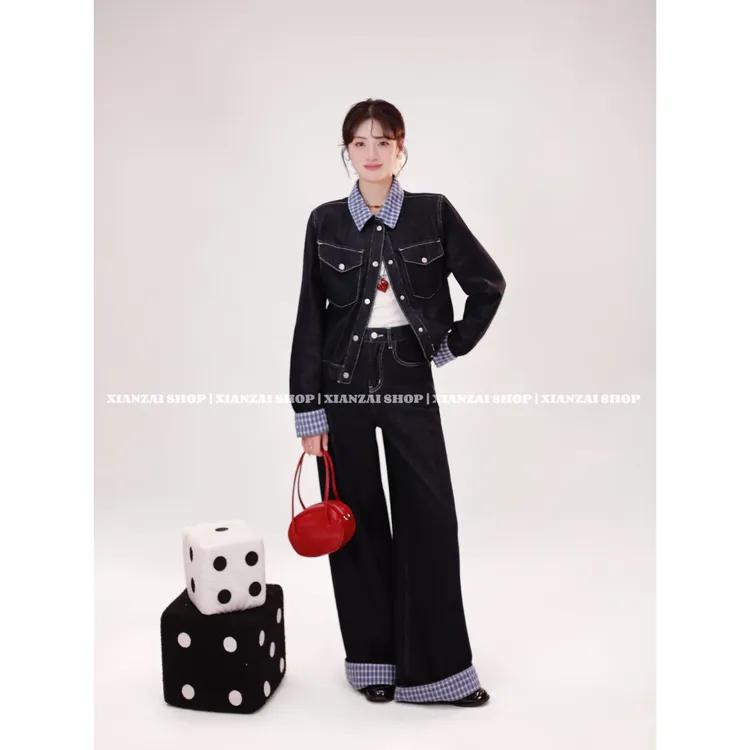 XIANZAI【牛仔的酷】秋冬反季拼接撞色格纹牛仔外套牛仔裤两件套装
