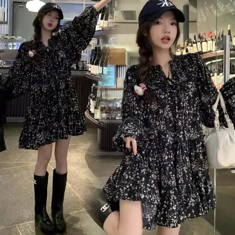 早秋大码女装碎花长袖连衣裙茶歇小个子打底短裙M-4XL200斤