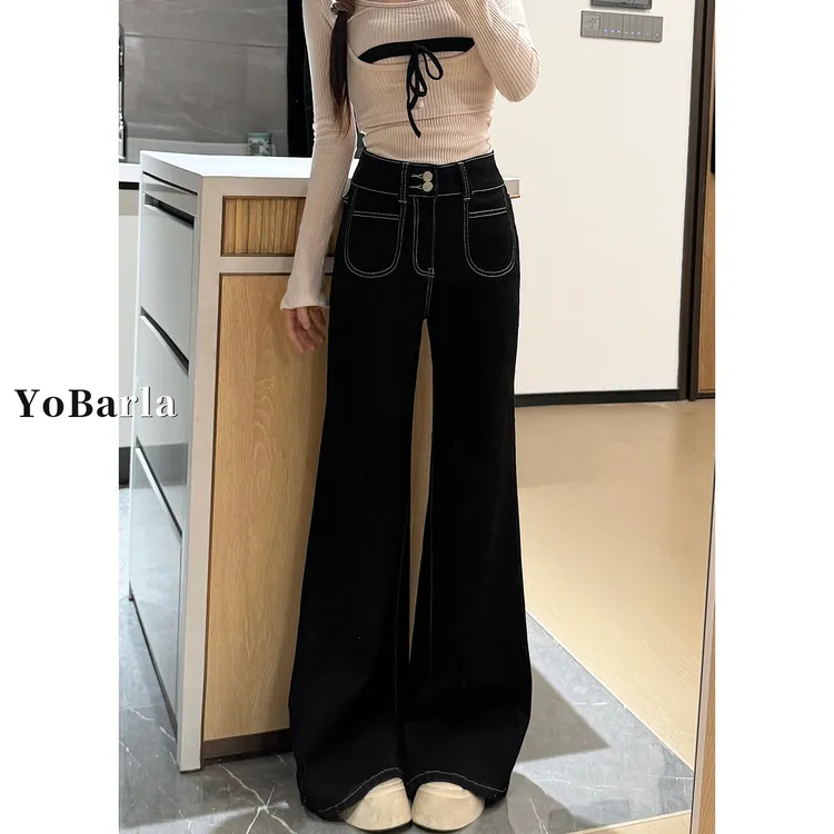 黑色微喇牛仔裤女冬季加绒大码胖mm宽松显瘦弹力梨形身材马蹄裤子