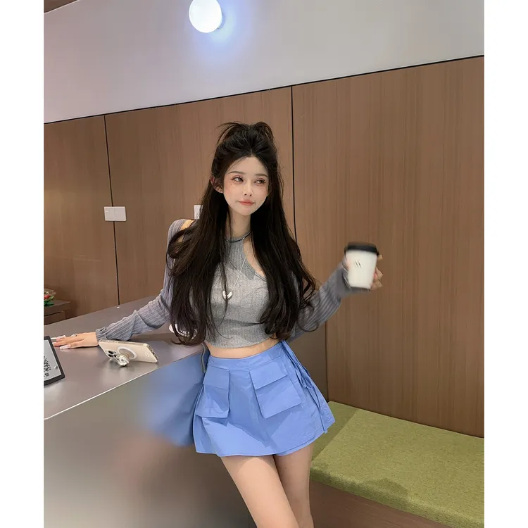 21DEGREES【梦中情衣】冰丝防晒透凉开衫挖肩小背心蓝色口袋工装裙