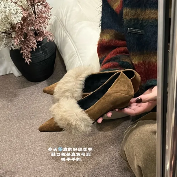 【兔毛】2025法式气质毛毛高跟女尖头浅口名媛风配裙子加绒保暖单鞋