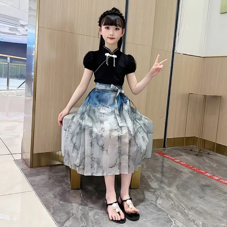 韩版儿童夏装 女童马面套装2025夏季新款儿童中式夏装国风汉服表
